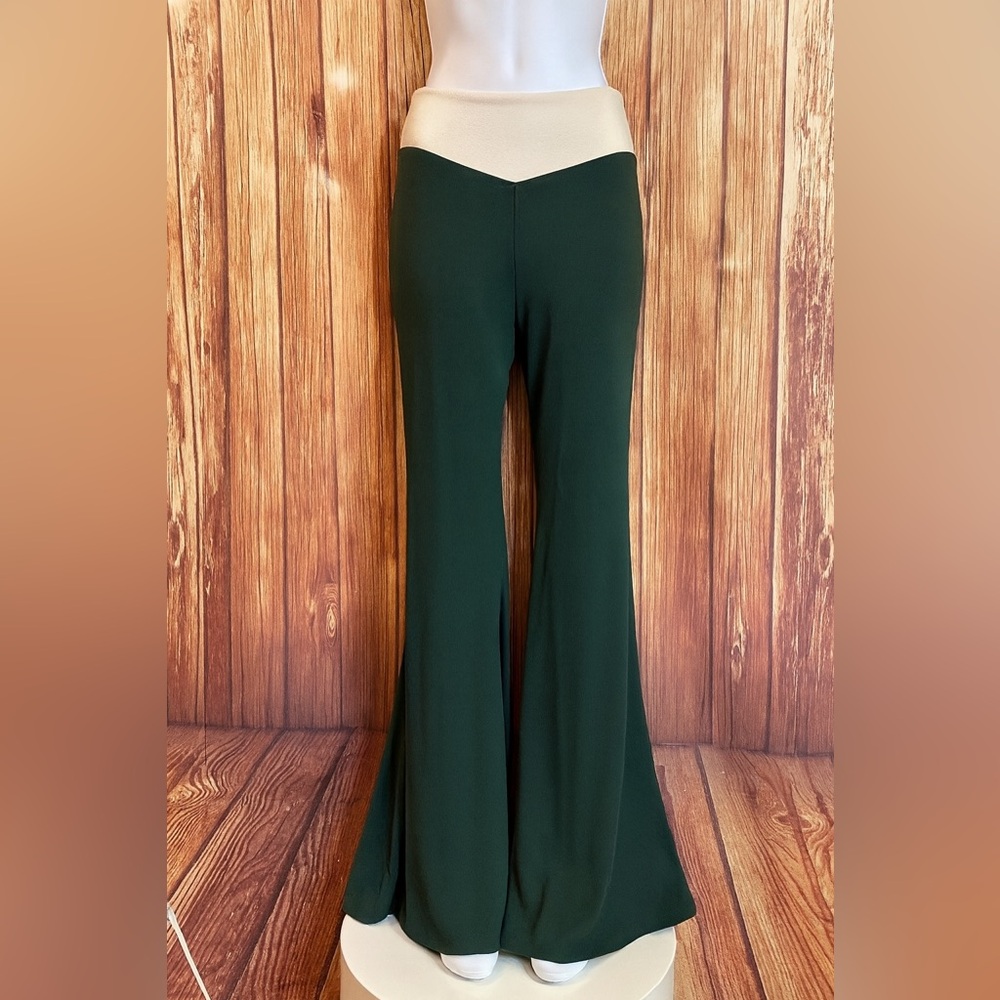 Fashion Nova Women’s Ribbed Flare Pants Green White Waistband Size Small
